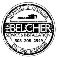 Round black logo for Mr. Belcher: Heating & Cooling, Oil, Gas, Plumbing; with phone number 508-208-2549.