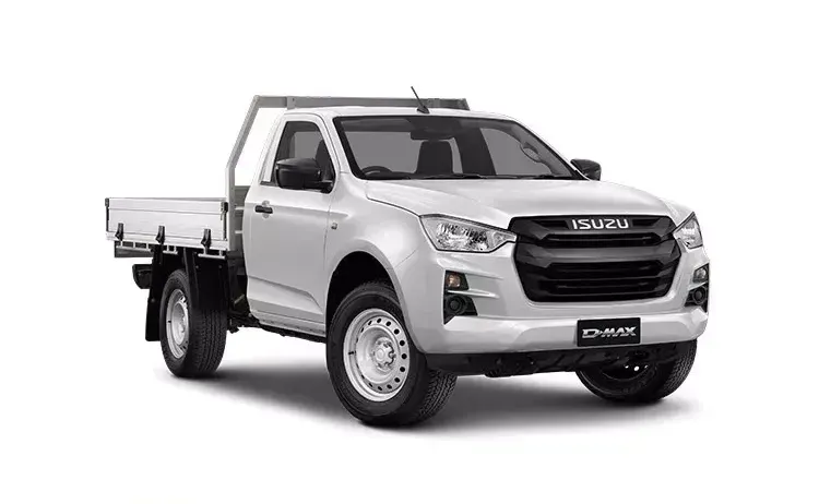 A white truck with a flat bed on a white background.