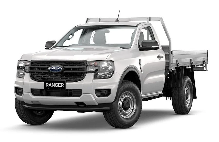 A white ford ranger truck with a flat bed on a white background.