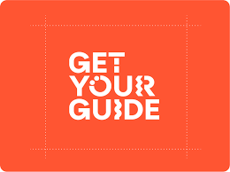 GetYourGuide logo on an orange background; white text with quirky design elements.