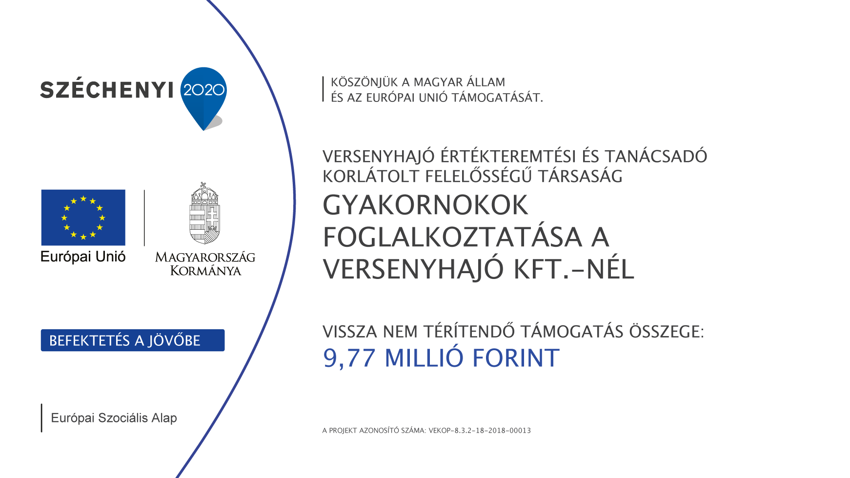 Logo with text: Employment of trainees at Versenyhajó Kft. Funding: 3.77 million forints.