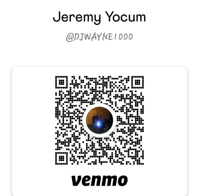 Venmo QR code for Jeremy Yocum (@DJWAYNE1000) featuring a profile picture of a blue-lit figure in the center.