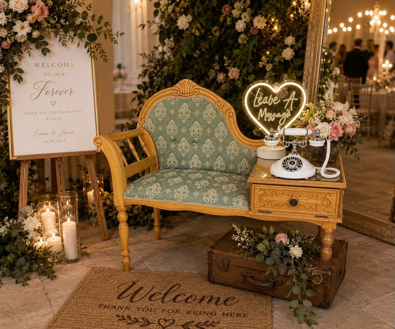 Elegant floral event vignette with teal chaise lounge, gold accents, neon sign, and welcome mat