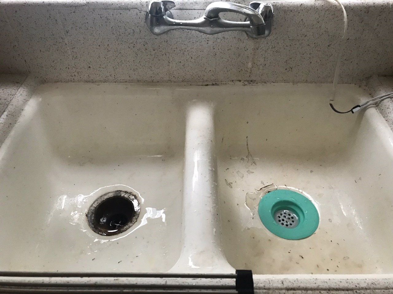 Double Bowl Kitchen Sink Before Refinishing | Mission Hills, CA | Julian's Porcelain & Fiberglass Expert