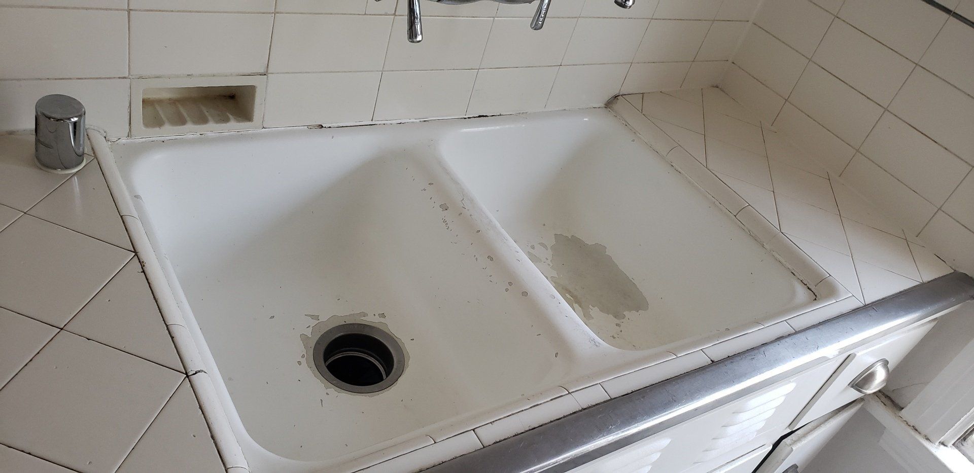 Double Bowl Kitchen Sink Before Reglazing | Mission Hills, CA | Julian's Porcelain & Fiberglass Experts