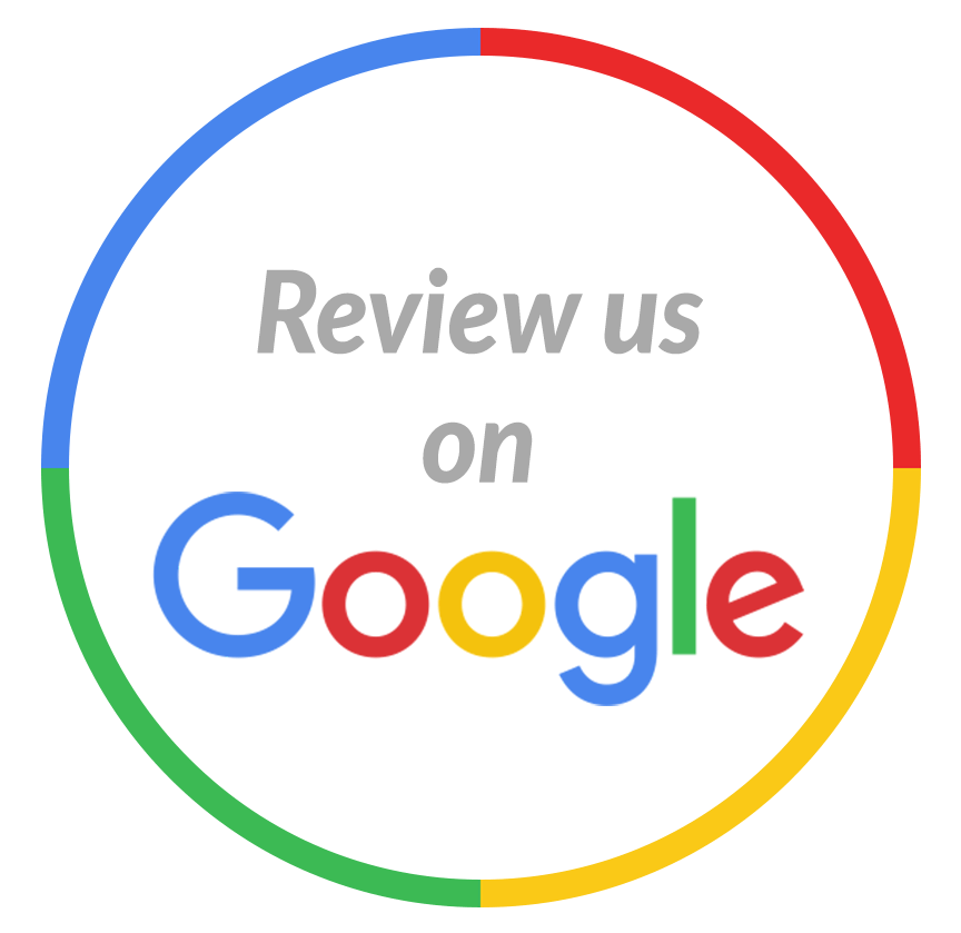 A circle with the words `` review us on google '' written inside of it.