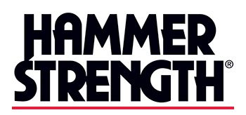 The logo for hammer strength is black and red on a white background.