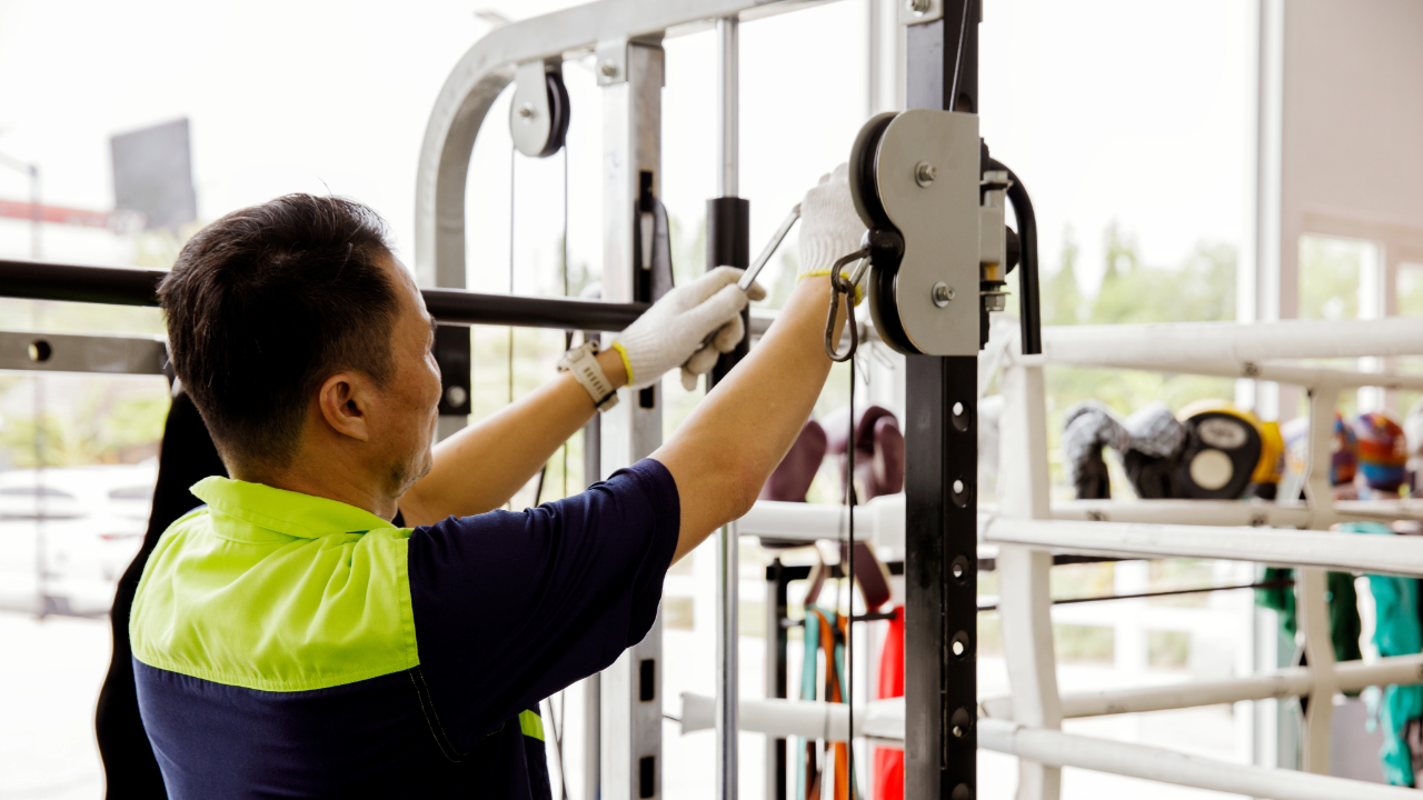 A man is working on a machine in a gym.