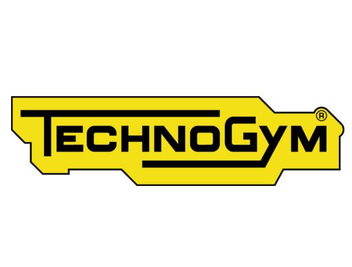 A yellow and black technogym logo on a white background