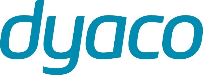 The logo for dynaco is blue and white on a white background.