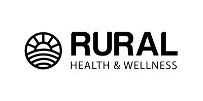 Logo for Rural Health & Wellness: A sun/wave emblem and bold text.