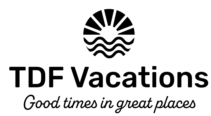 The logo for tdf vacations is black and white and says `` good times in great places ''.