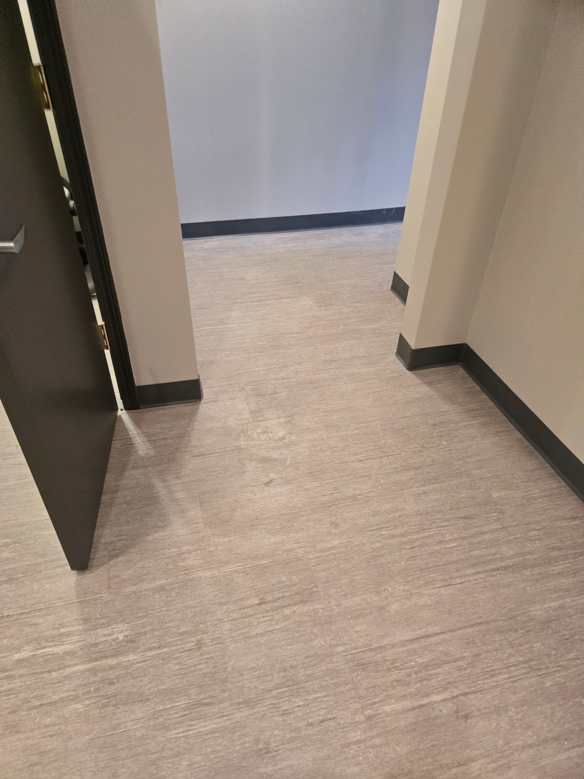Hallway with light carpet, dark door, and gray walls, dark baseboards.