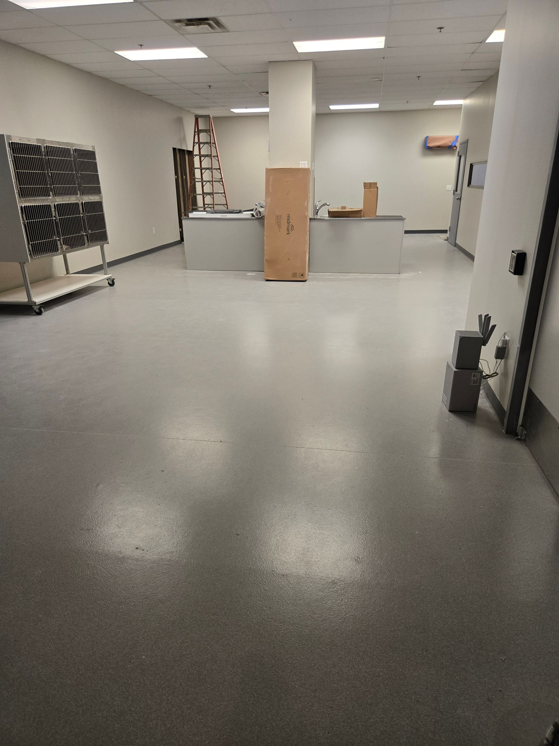 Empty, gray-floored room with white walls and overhead lights; a cabinet and cardboard boxes are in the room.