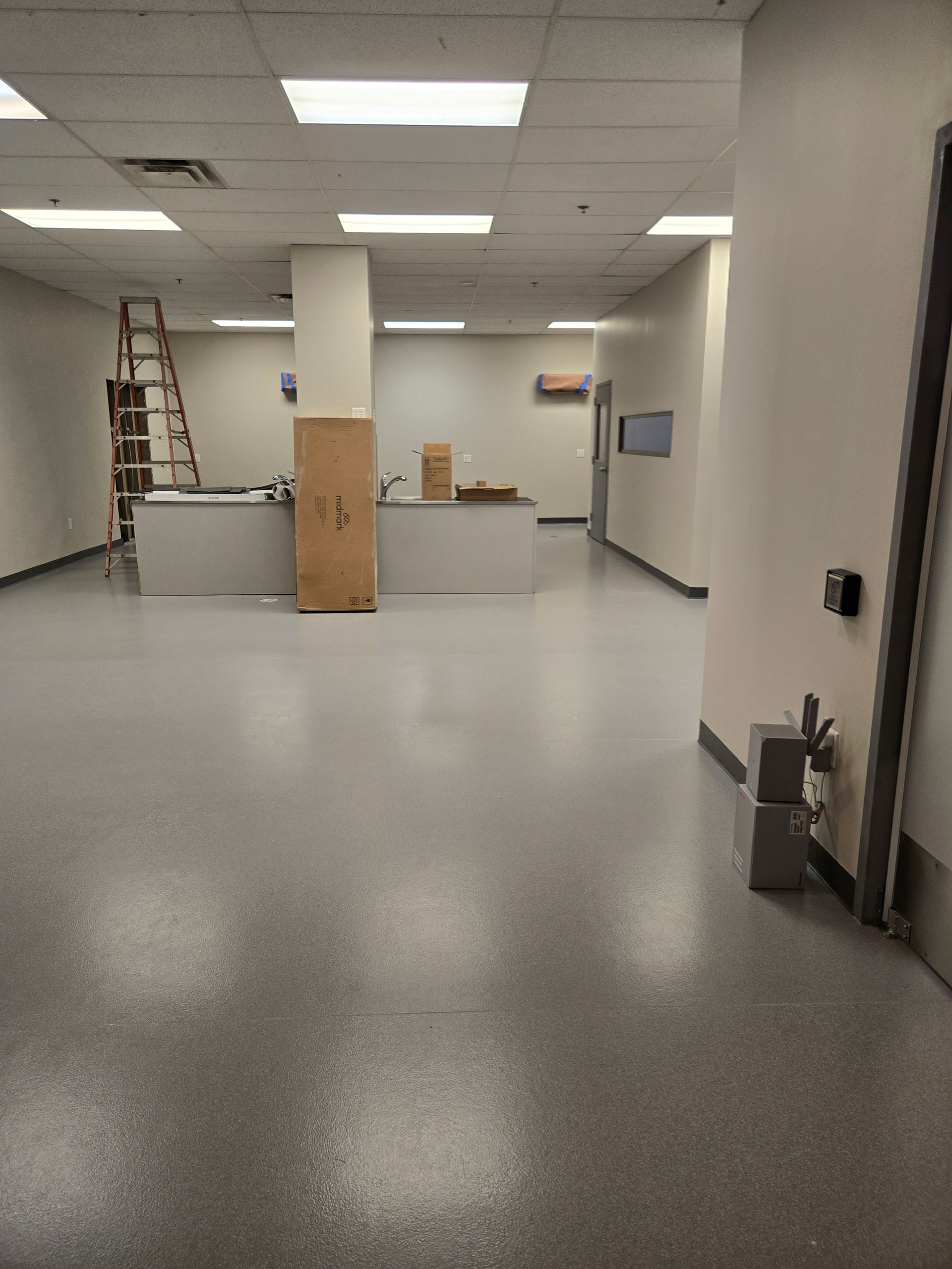 Empty commercial space with gray floors, white walls, and a ladder.