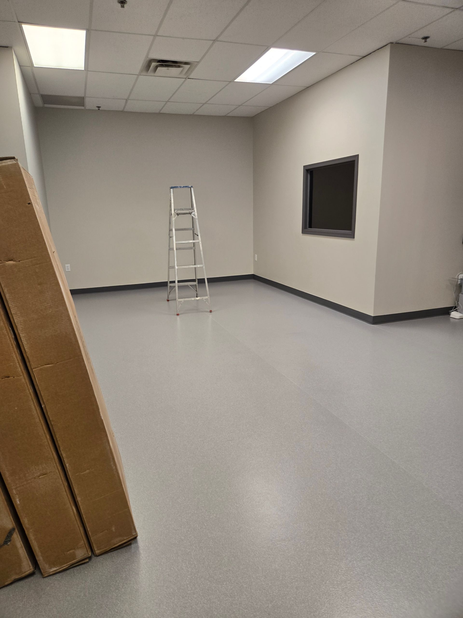 Empty room with gray floors and walls, a ladder, and a dark window. Brown cardboard leans against a wall.