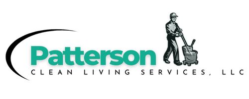 Logo for Patterson Clean Living Services, LLC. with janitor with mop bucket and teal text on a white background