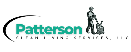 Logo for Patterson Clean Living Services, LLC. with janitor with mop bucket and teal text on a white background
