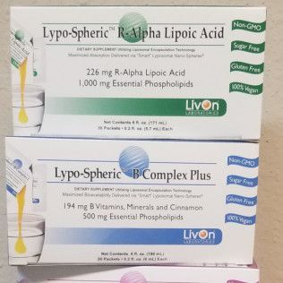 Boxes of Livon Lypo-Spheric supplements: R-Alpha Lipoic Acid and B Complex Plus.
