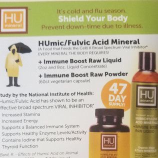 Advertisement for HU mineral products: immune boost raw liquid and powder, with text about viral inhibition.