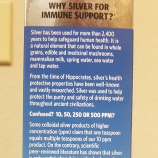 Information on silver for immune support, mentioning its historical use and various concentrations.