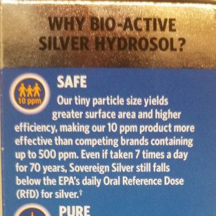 Text explaining why bio-active silver hydrosol is safe, highlighting particle size and EPA standards.