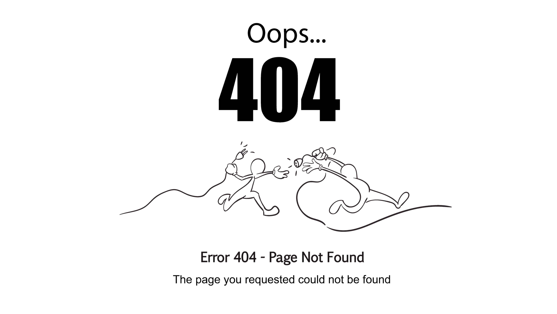 404 error page. Two stick figures pulling a broken line with the text 