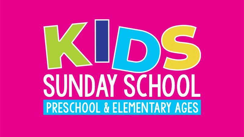 the kids sunday school preschool and elementary ages logo is on a pink background .