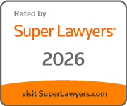 Rated by Super Lawyers 2026 badge with orange footer and website URL