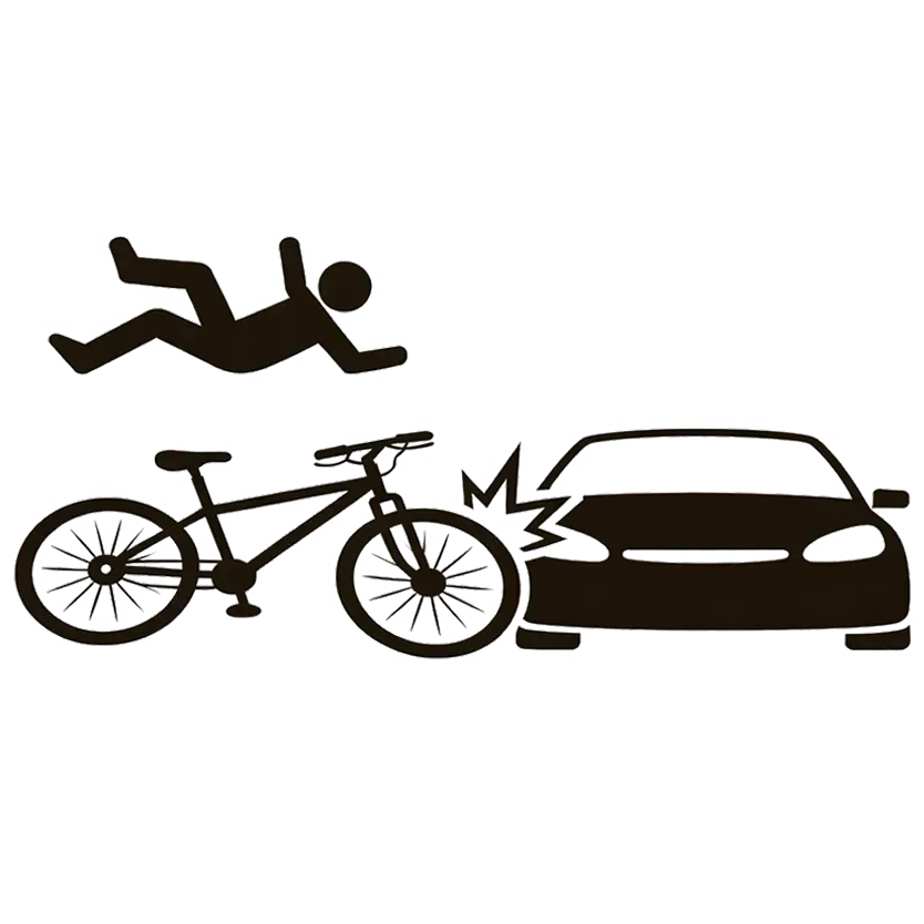 Cyclist thrown into air after collision with car and bicycle, black silhouettes on white background