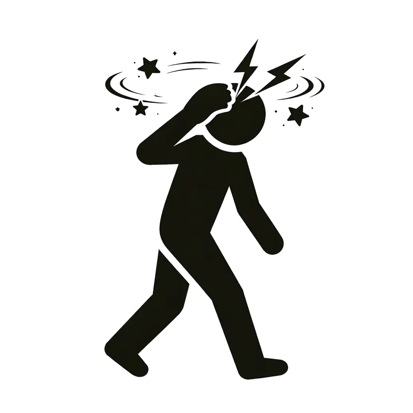 Black silhouette of a person clutching their head with stars and lightning indicating dizziness or pain