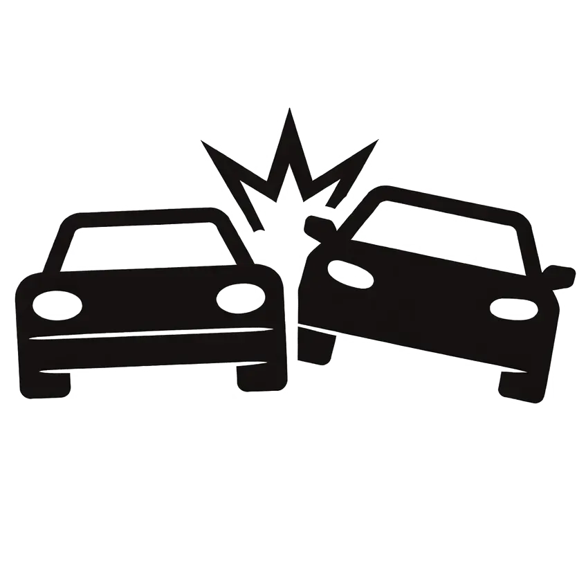 Two cars colliding head-on, shown as a black accident icon.