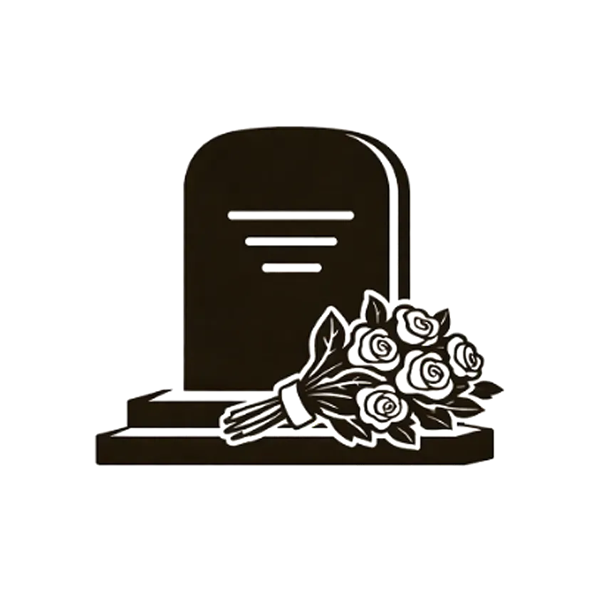 Black gravestone with white rose bouquet at the base.