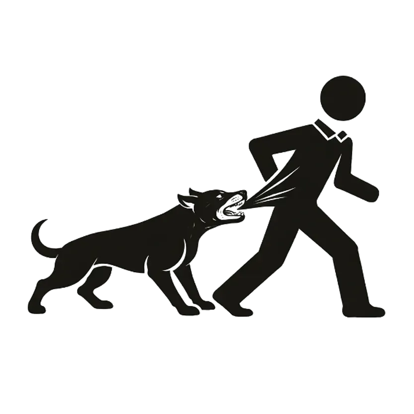 Black dog biting the heel of a running stick figure on a white background