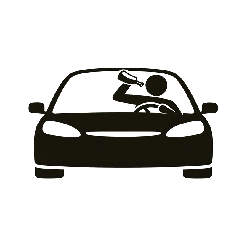 Black car icon with a driver drinking from a bottle while steering