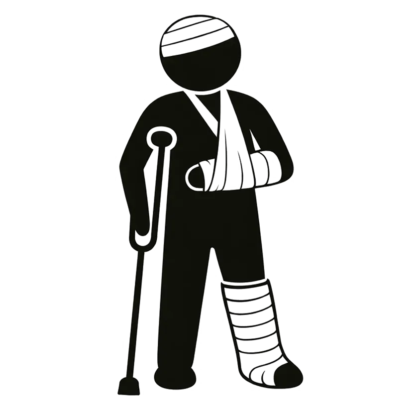 Black-and-white icon of a person with a broken leg, arm in sling, and crutch.