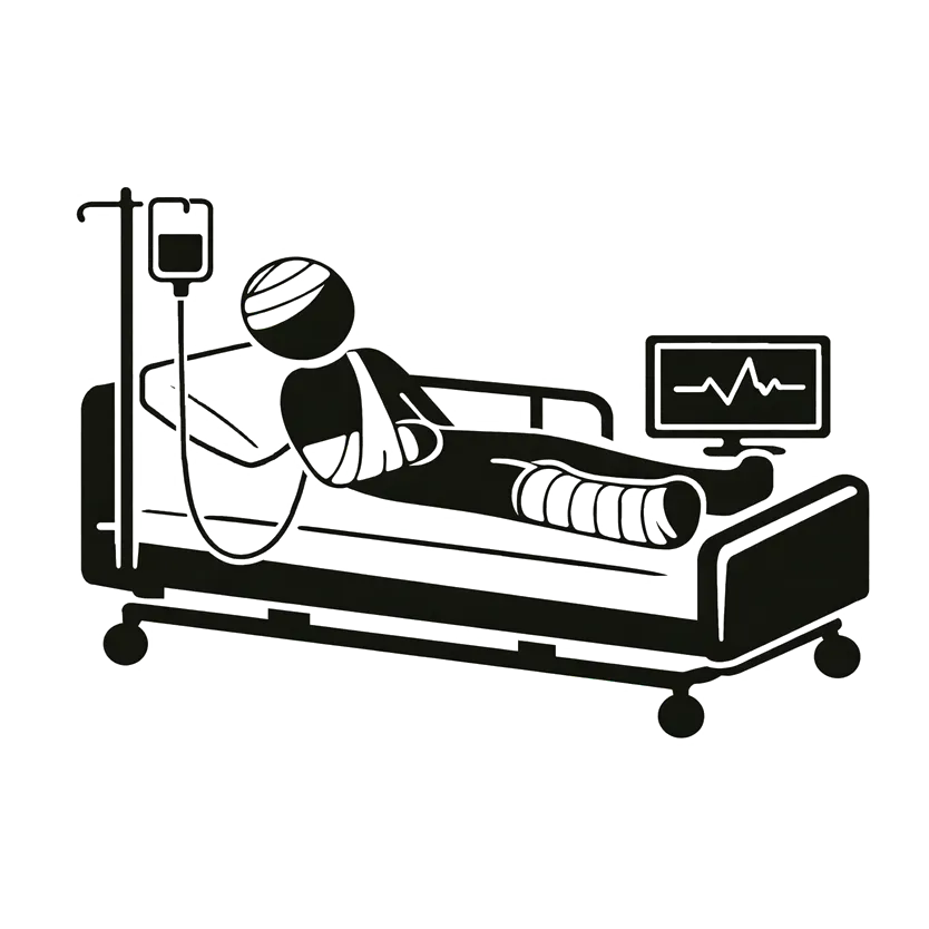 Patient lying in hospital bed beside monitor and IV stand