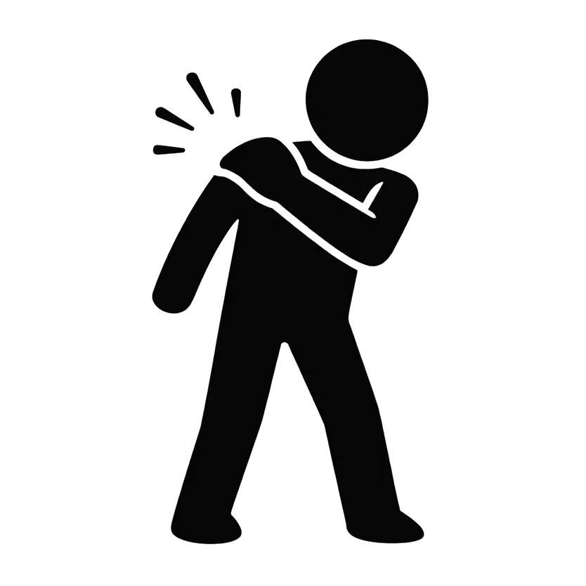 Person holding shoulder in pain, with pain marks near the arm on a white background