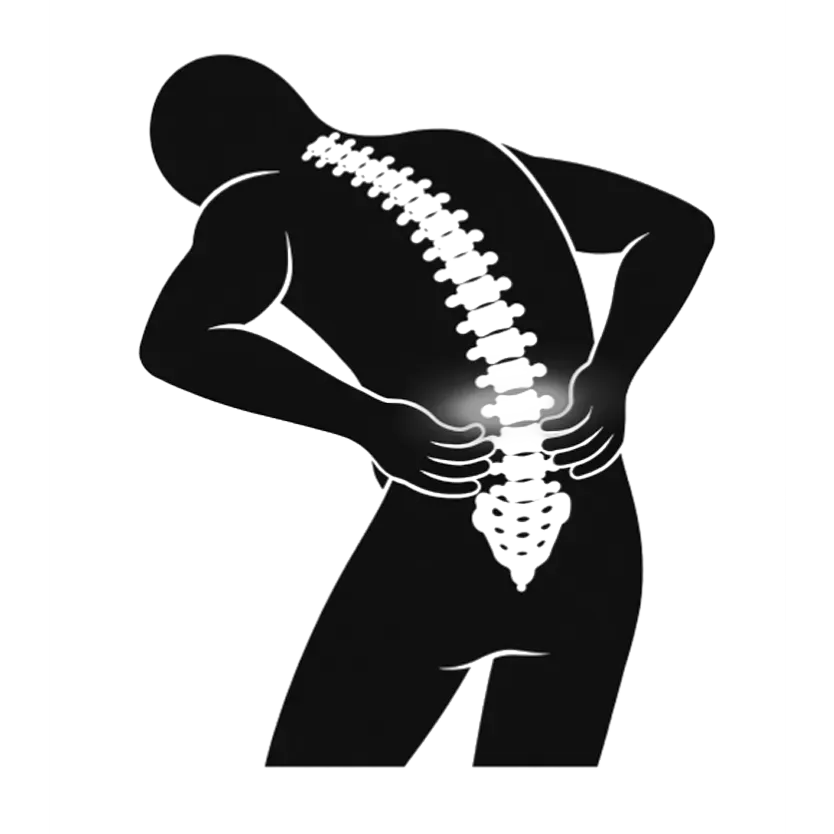 Silhouette of a person holding their lower back with a bright spine graphic, suggesting back pain