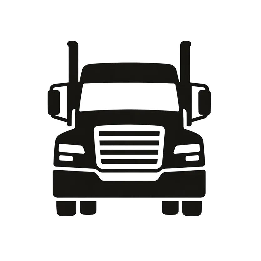 Black front-view semi-truck icon with grille and tall exhaust pipes