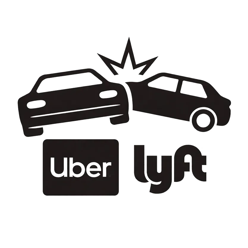 Uber and Lyft logos under a black car crash icon, showing a ride-share collision.