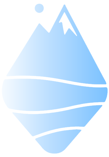 A blue iceberg with a mountain in the background.