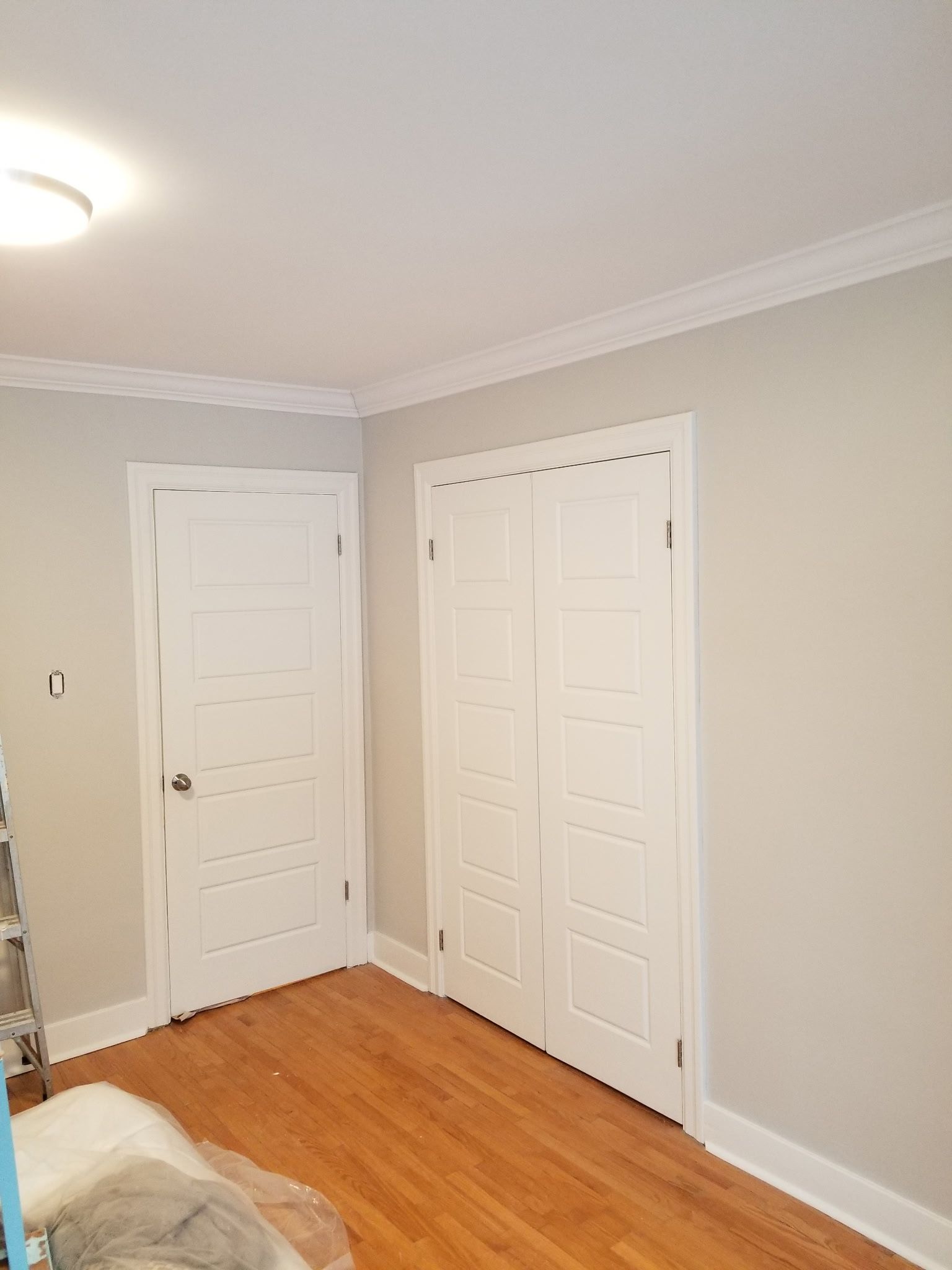 Room corner with white doors, light gray walls, wooden floor, and crown molding.