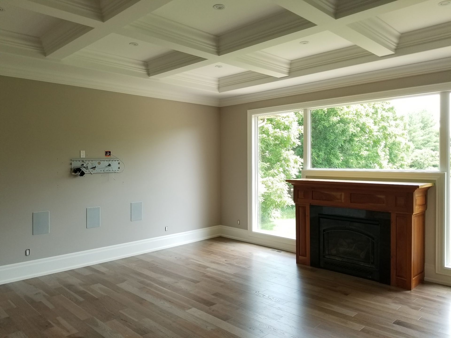 Empty room with light brown walls, wood floor, and white trim. A fireplace sits under a large window.