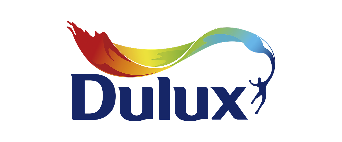 Dulux logo with colorful paint splash and stick figure.
