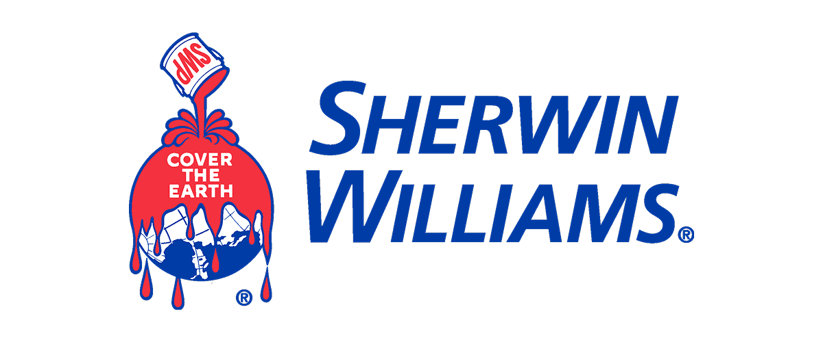 Sherwin-Williams logo: paint can pouring red paint over a blue globe, with text "SHERWIN WILLIAMS."