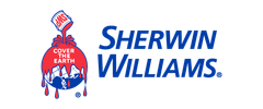 Sherwin-Williams logo: paint can pouring red paint over a blue globe. The words "COVER THE EARTH" are visible.