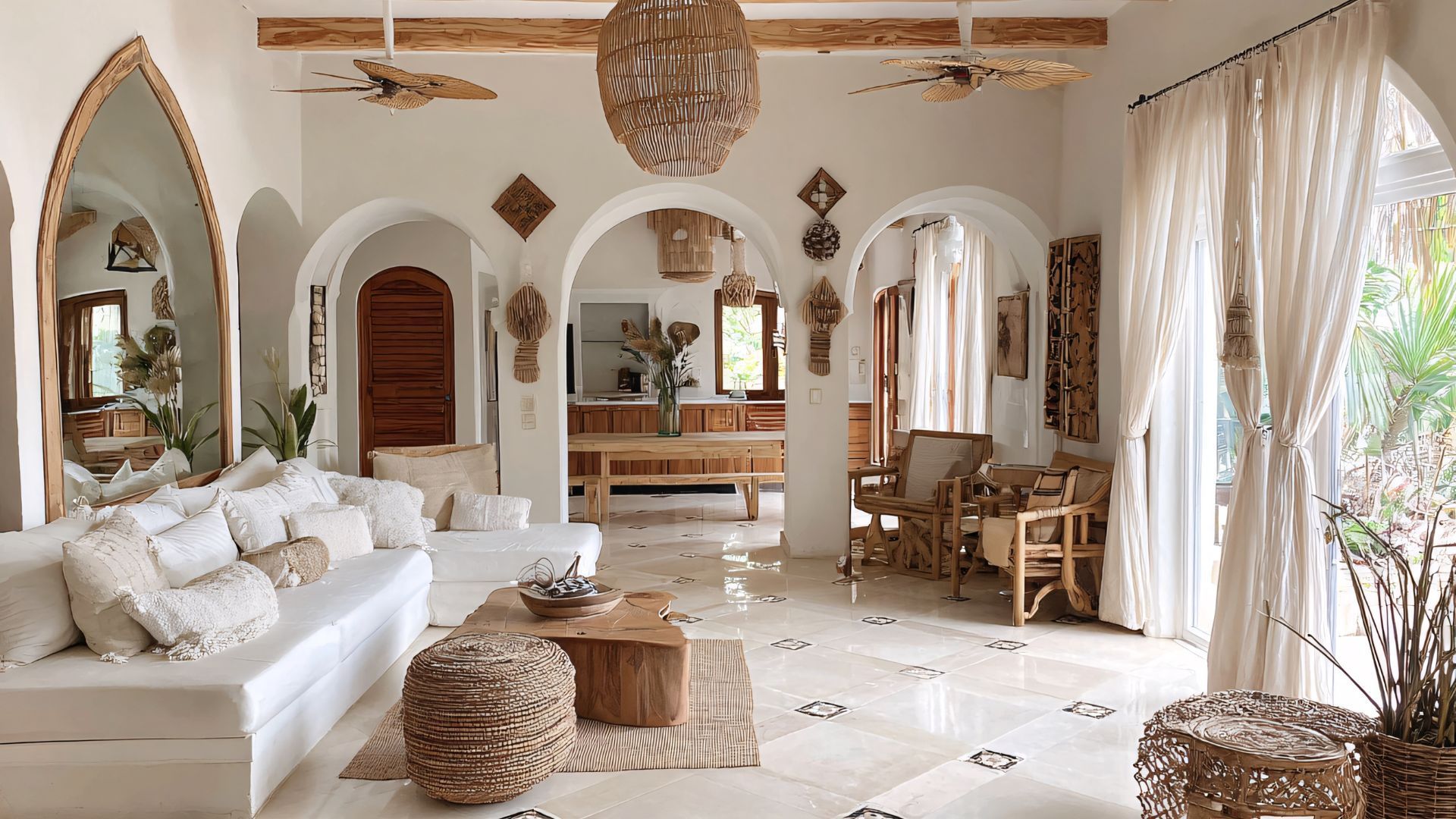 Bright, airy living room with white sofas, archways, natural wood furniture, and woven decor.