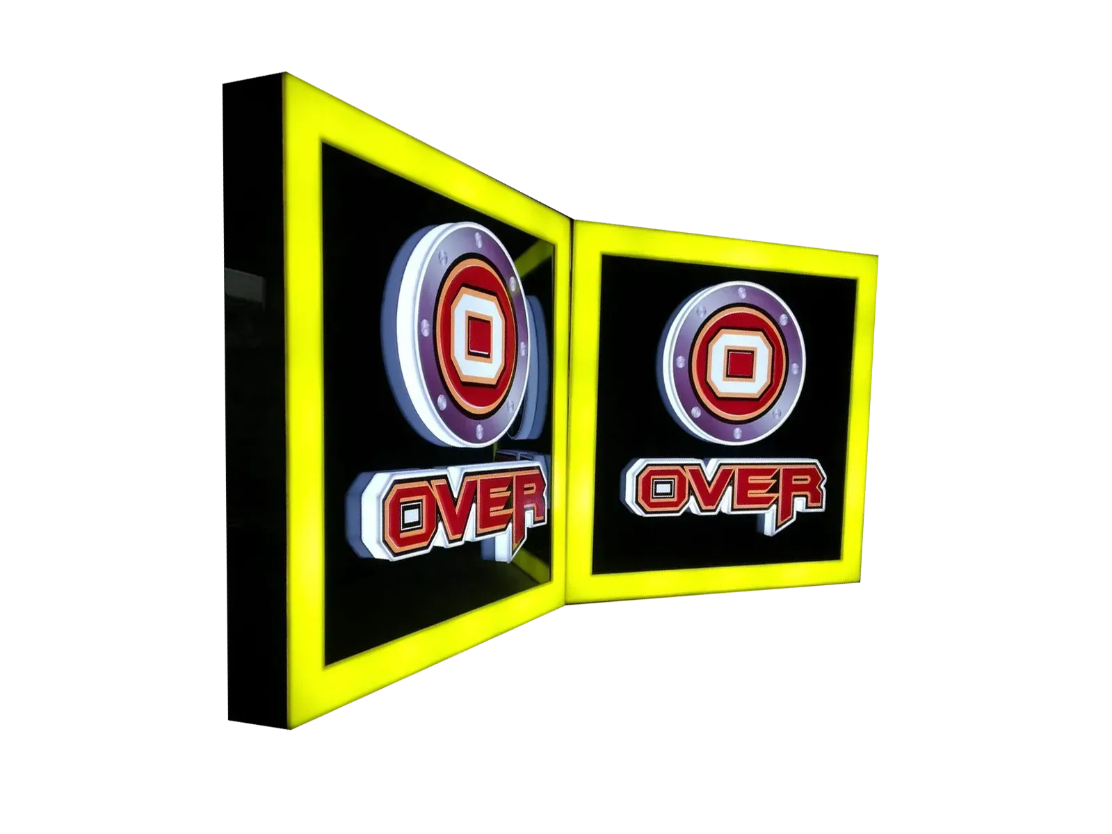 Letrero de neón de dos paneles, negro con bordes amarillos. Muestra el texto "OVER" debajo de un logotipo circular.