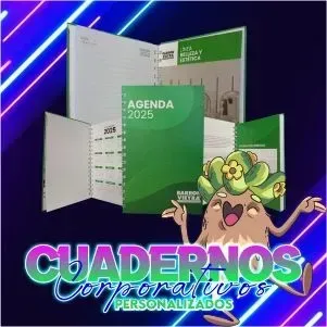 Agendas verdes 2025 y personaje animado sobre fondo neón, publicitando libretas corporativas personalizadas.